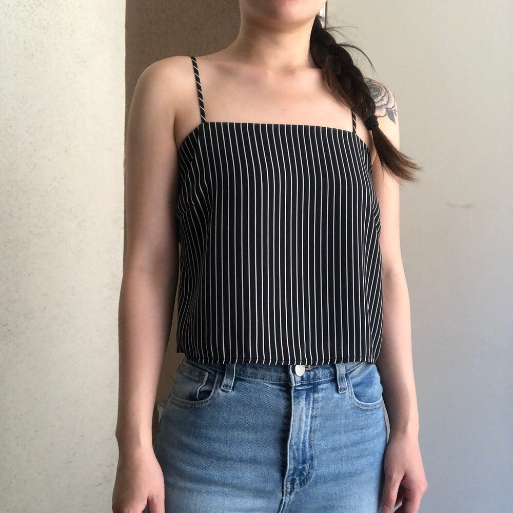 Striped black white chiffon lined square neck flowy tank top blouse XS